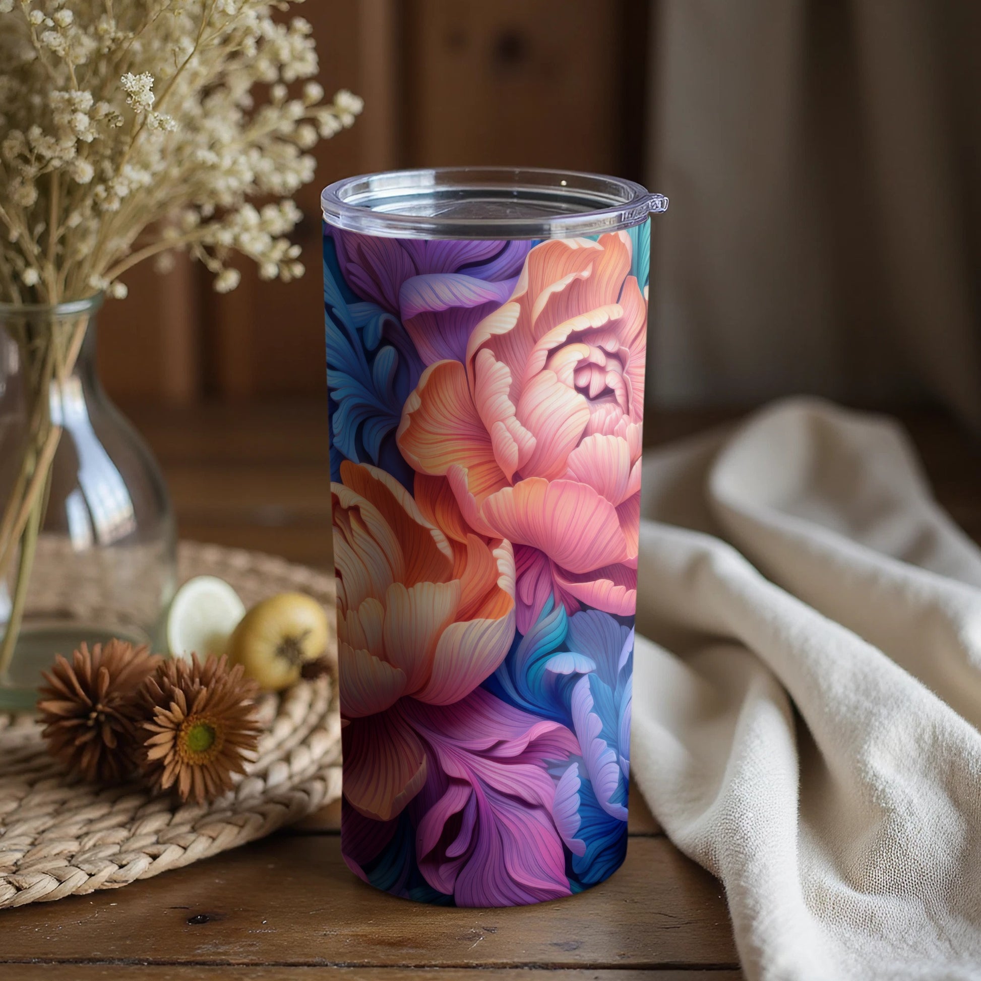 Vivid Floral Pattern Reusable Insulated Drink Tumbler