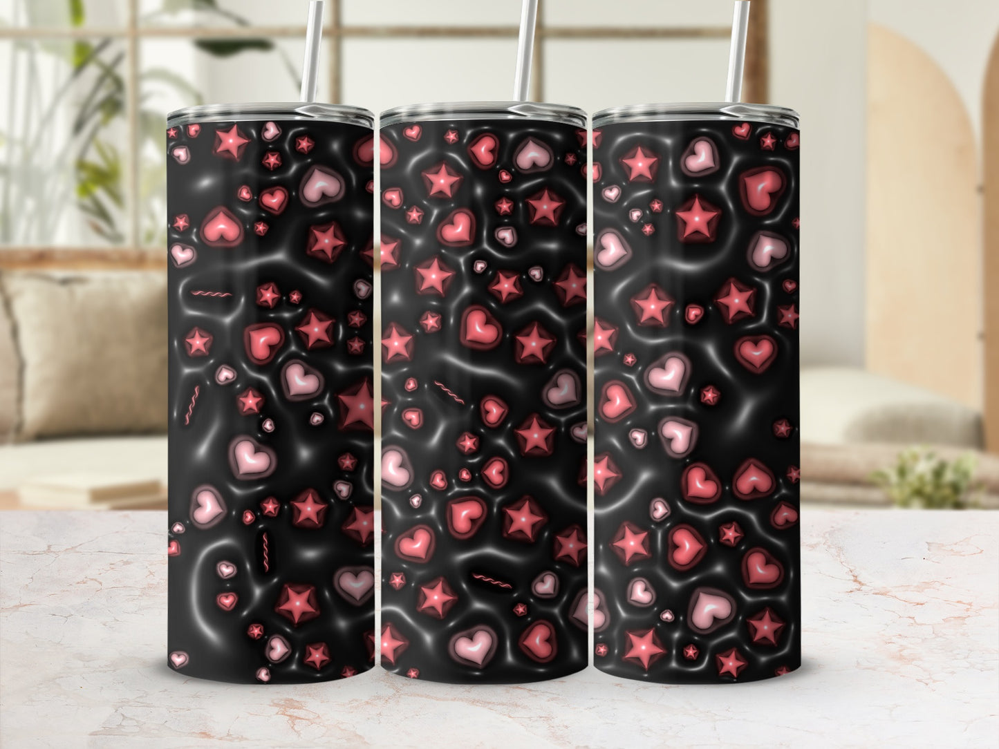 Stylish Black Tumbler with Hearts and Stars Design