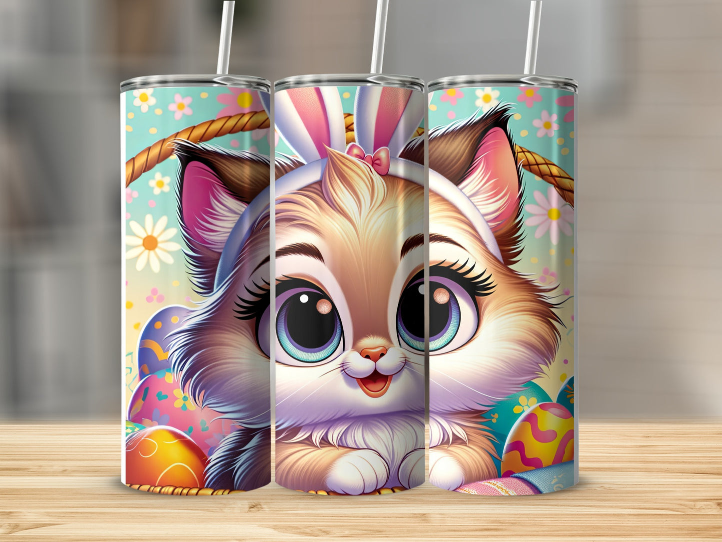 Cute cartoon cat wearing bunny ears with colorful Easter eggs and flowers.