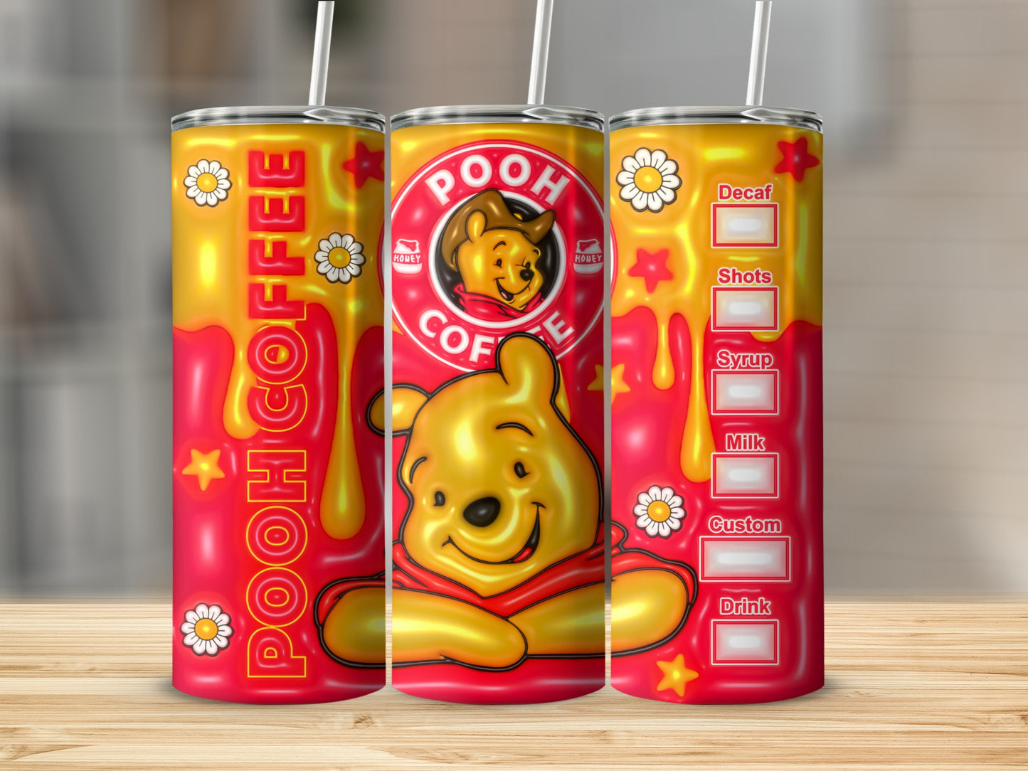 Cute Pooh Bear Coffee Drink Tumbler with Straw