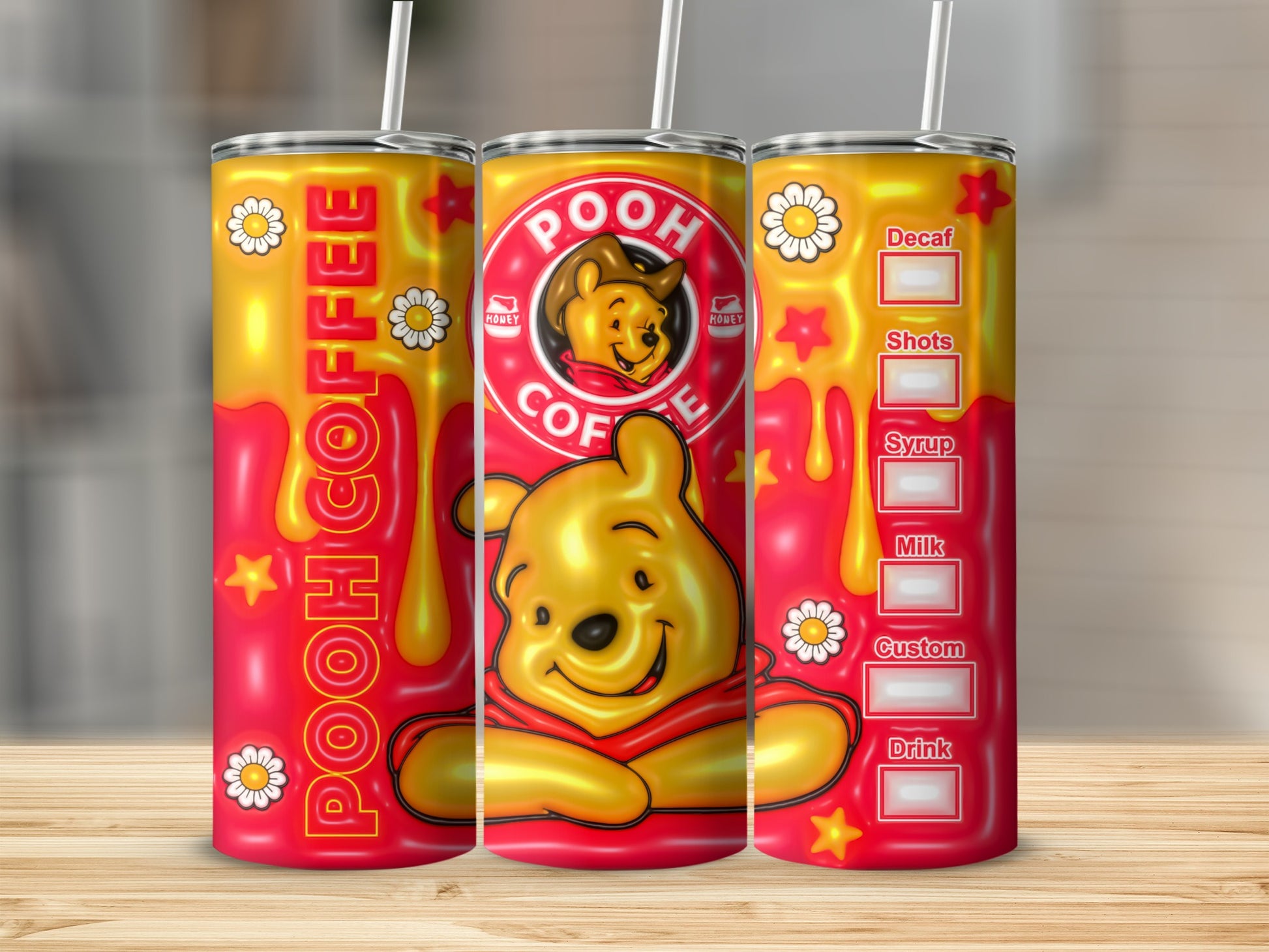 Cute Pooh Bear Coffee Drink Tumbler with Straw