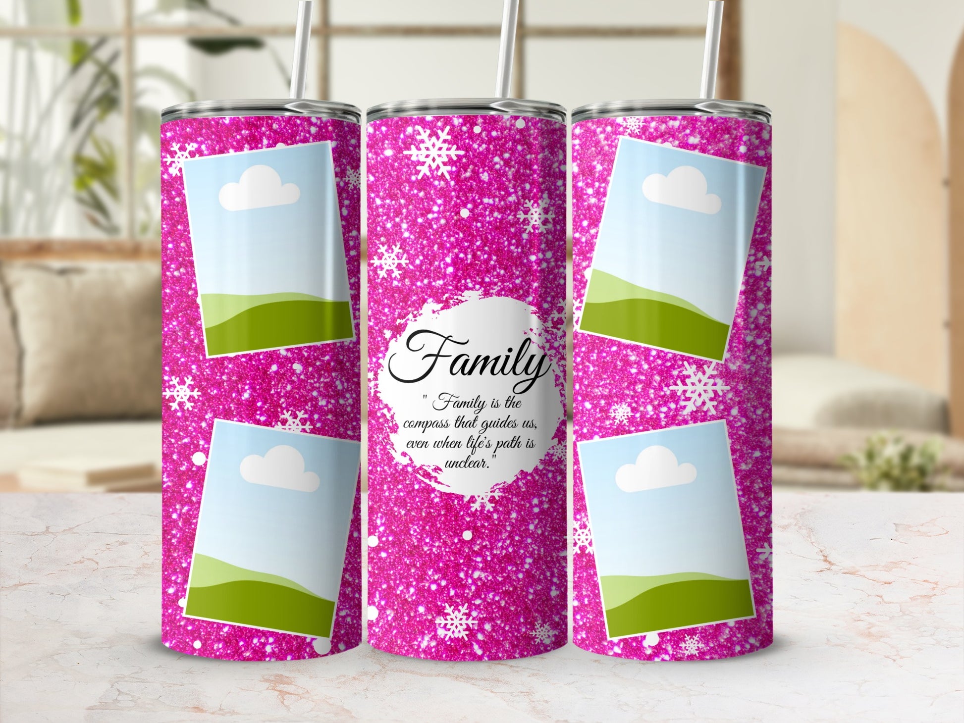 Pink glitter tumbler with snowflakes and quote about family.
