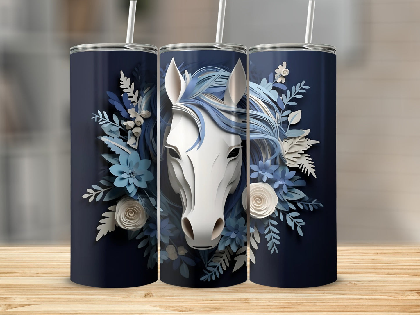 Blue Floral Horse Design Tumbler for Stylish Beverages