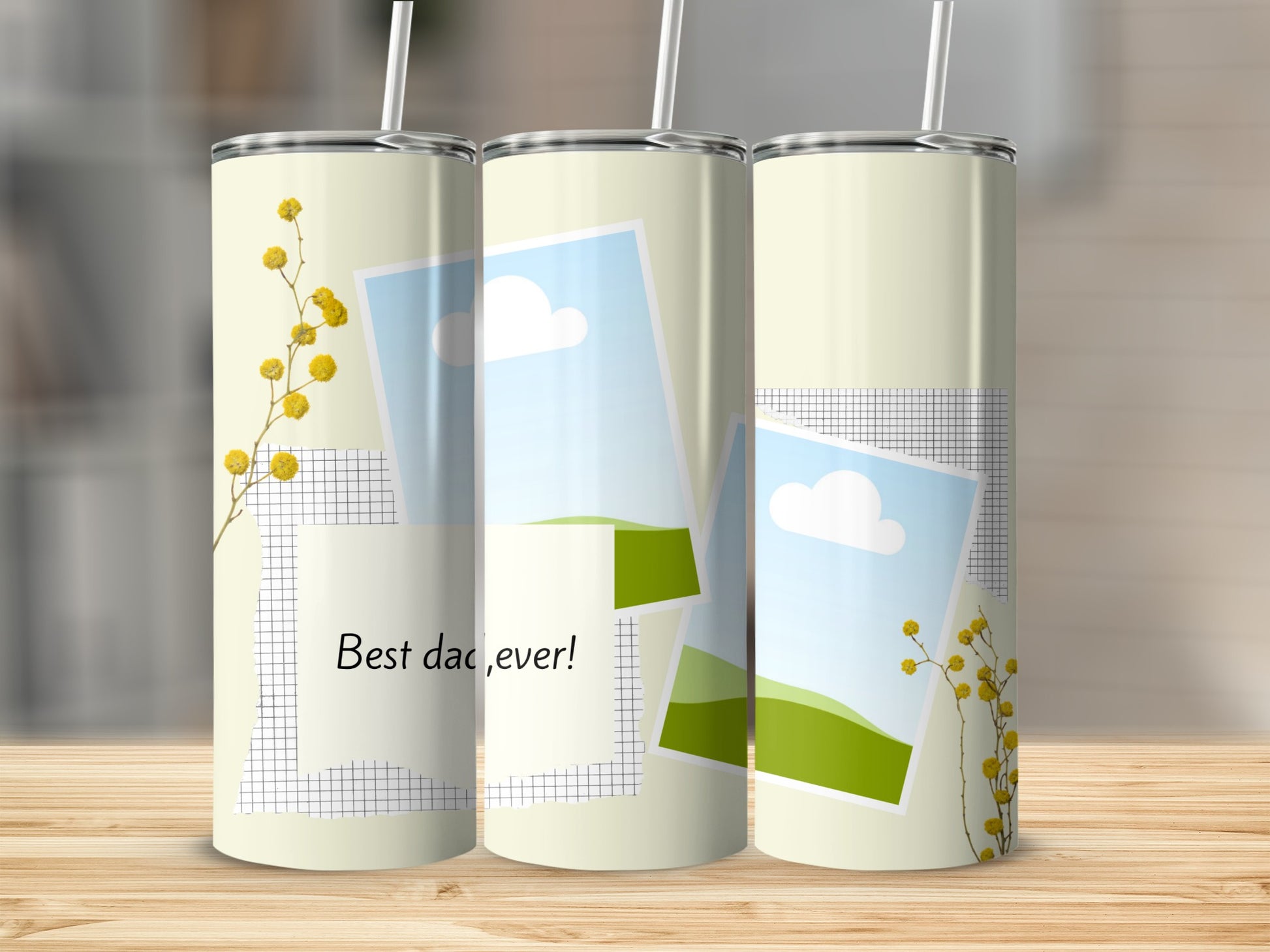 Tumblers with scattered photos and yellow flowers, one saying "Best dad, ever!"