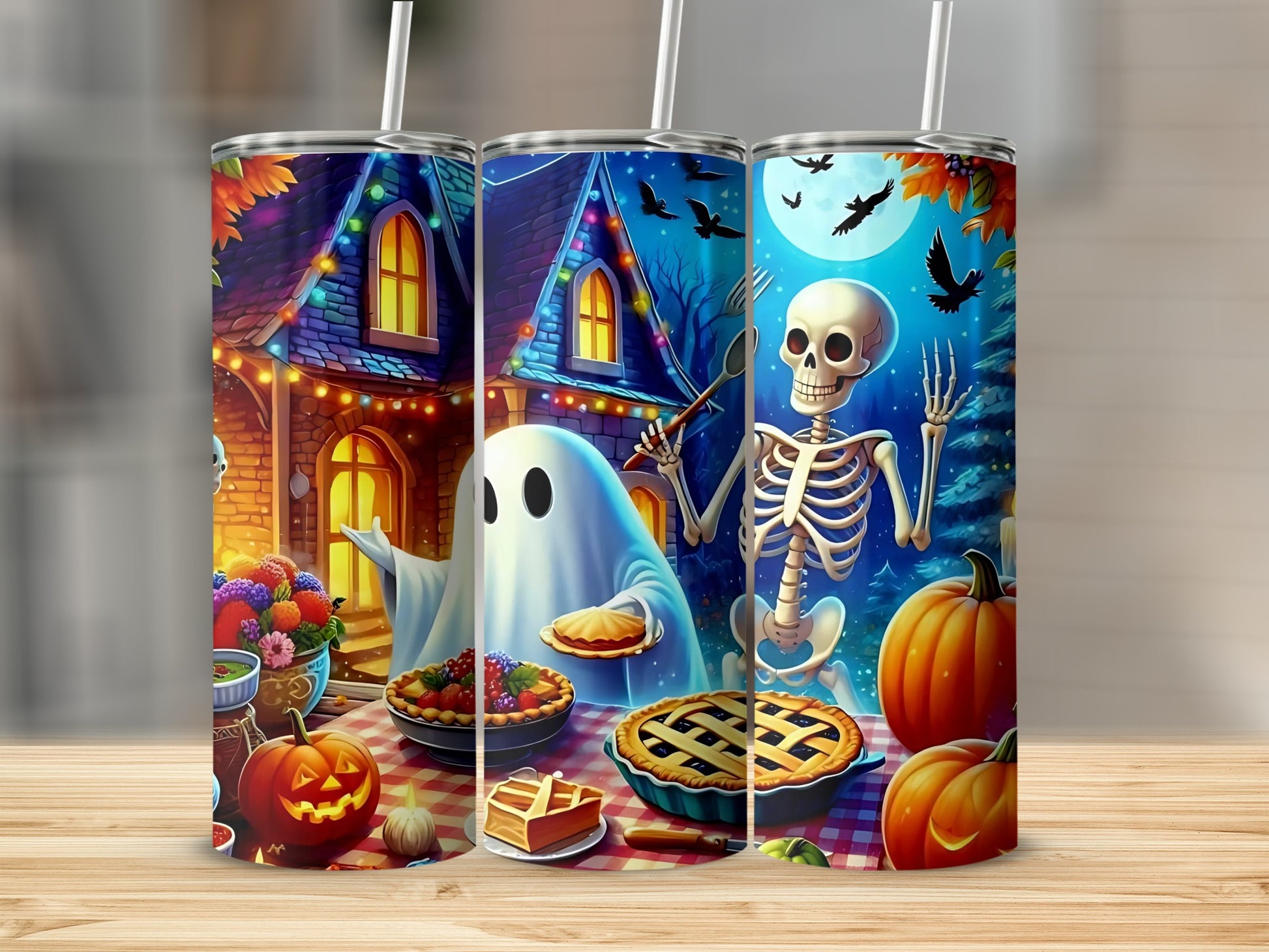 Halloween tumblers featuring a ghost with pies and a skeleton with pumpkins and crows.