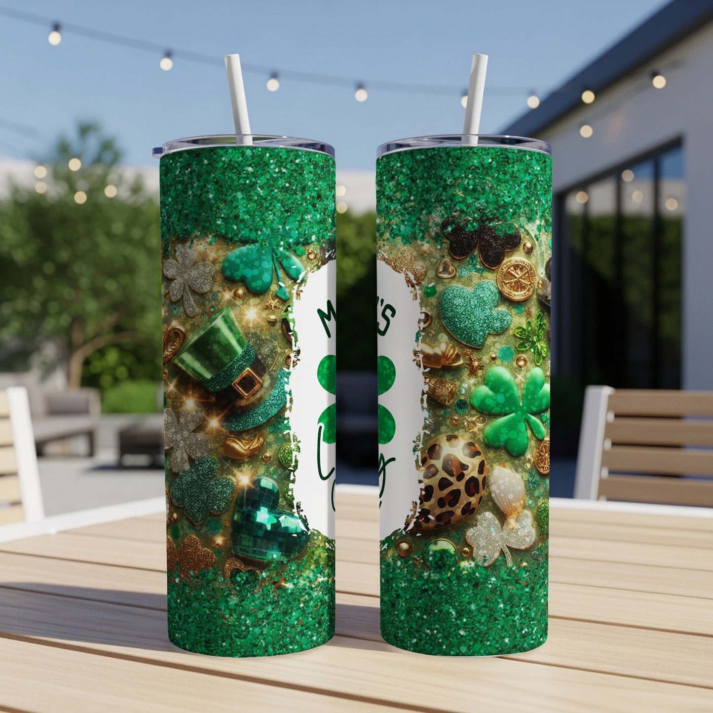 Green glittery St. Patrick's Day tumbler with shamrocks, hats, and leopard print.