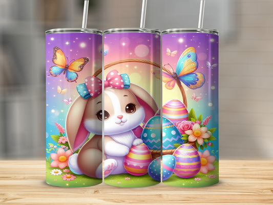 Easter bunny with colorful eggs and butterflies in a basket.