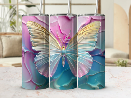 Three tumblers with iridescent butterfly and abstract floral design.