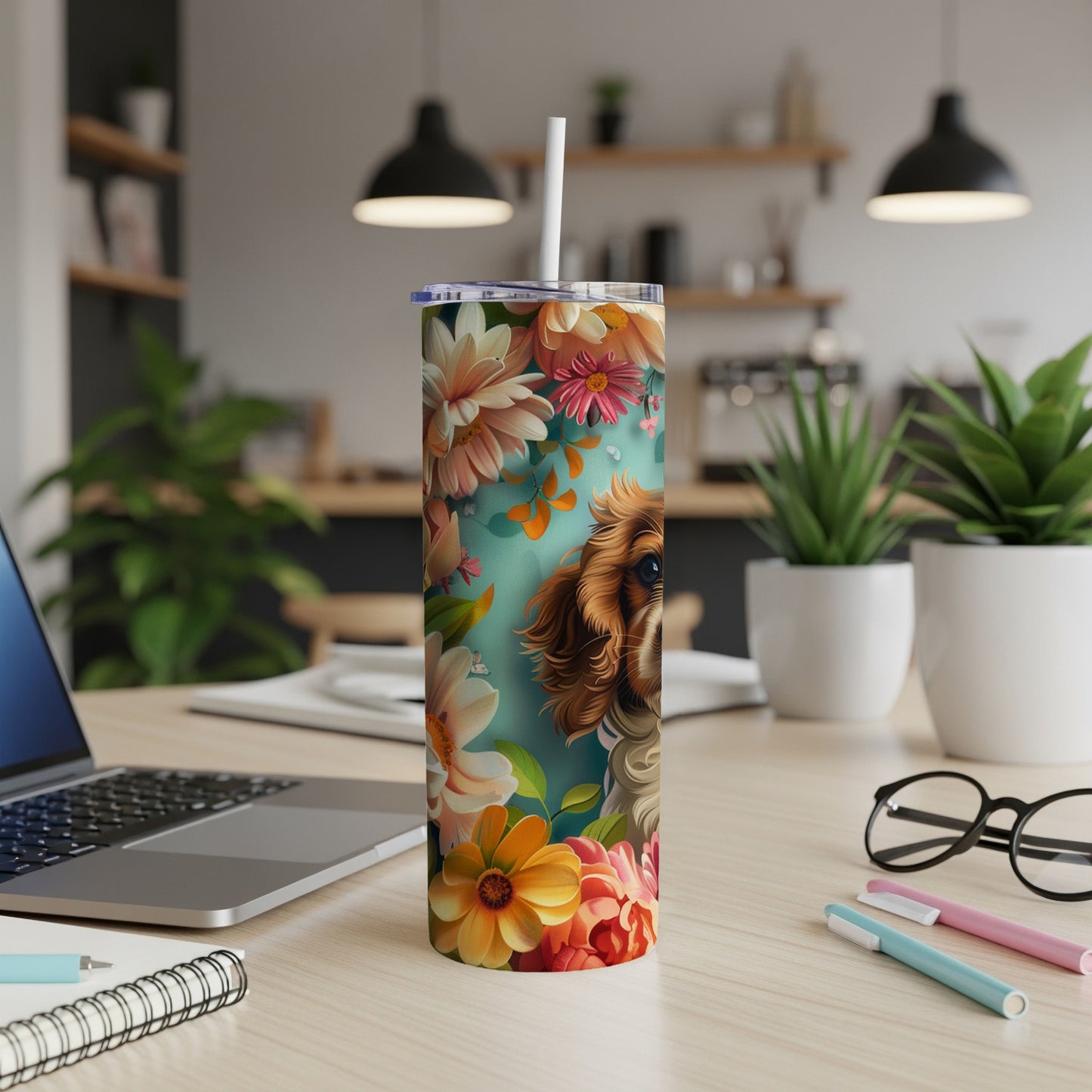 Tumbler with Cavalier King Charles Spaniel and floral pattern.