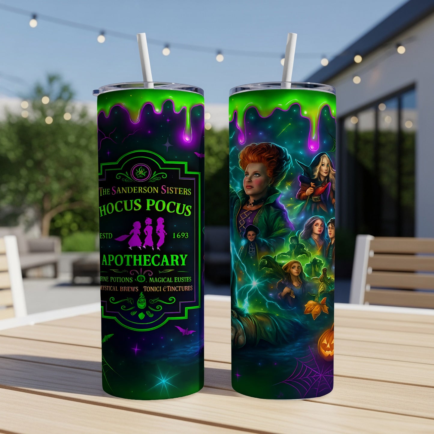 Hocus Pocus Sanderson Sisters Apothecary tumbler with cast illustration and lightning accents.