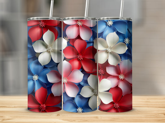 Three tall tumblers with red, white, and blue floral design.