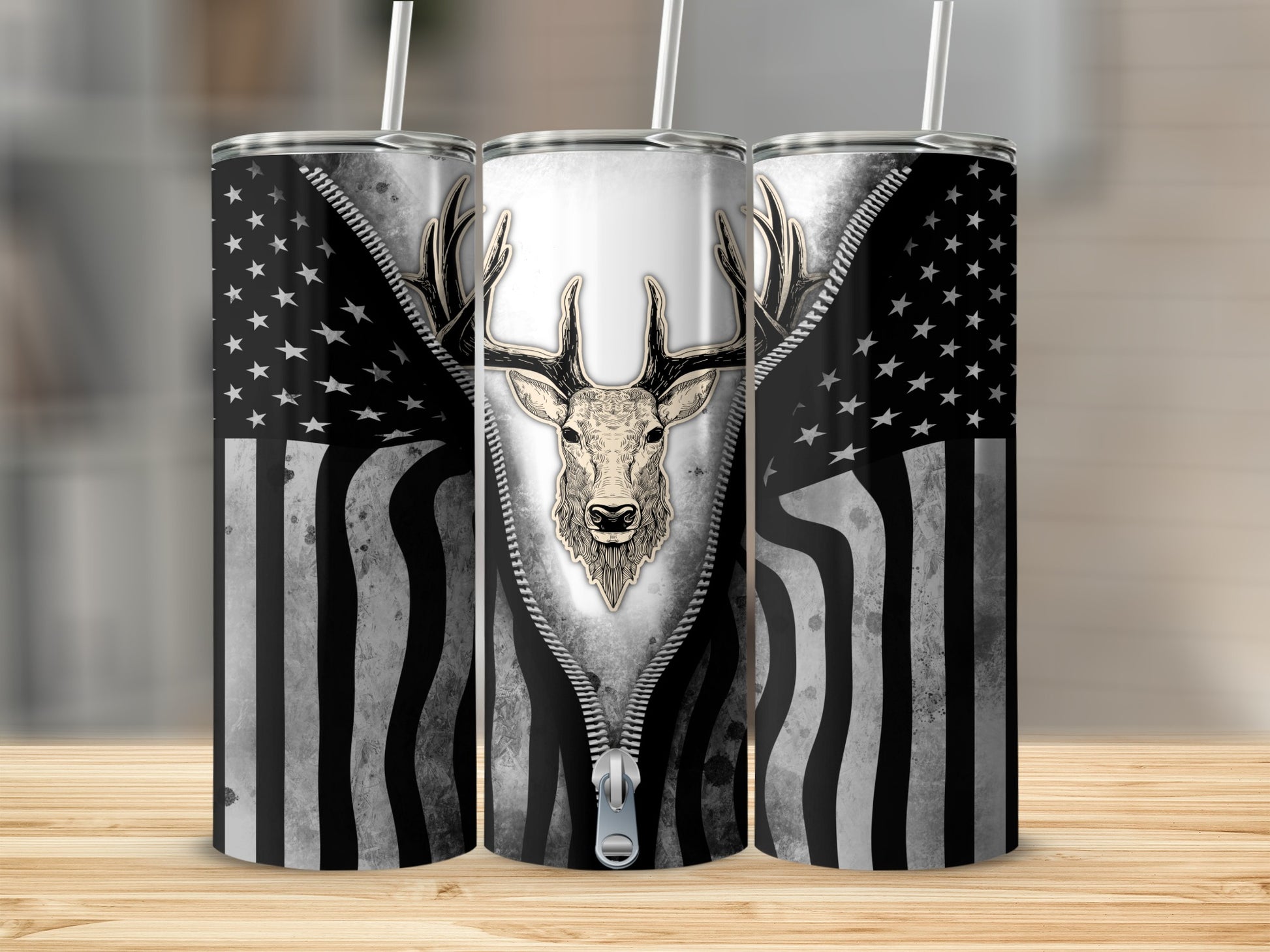 Tumbler with zipper revealing American flag and deer head design.