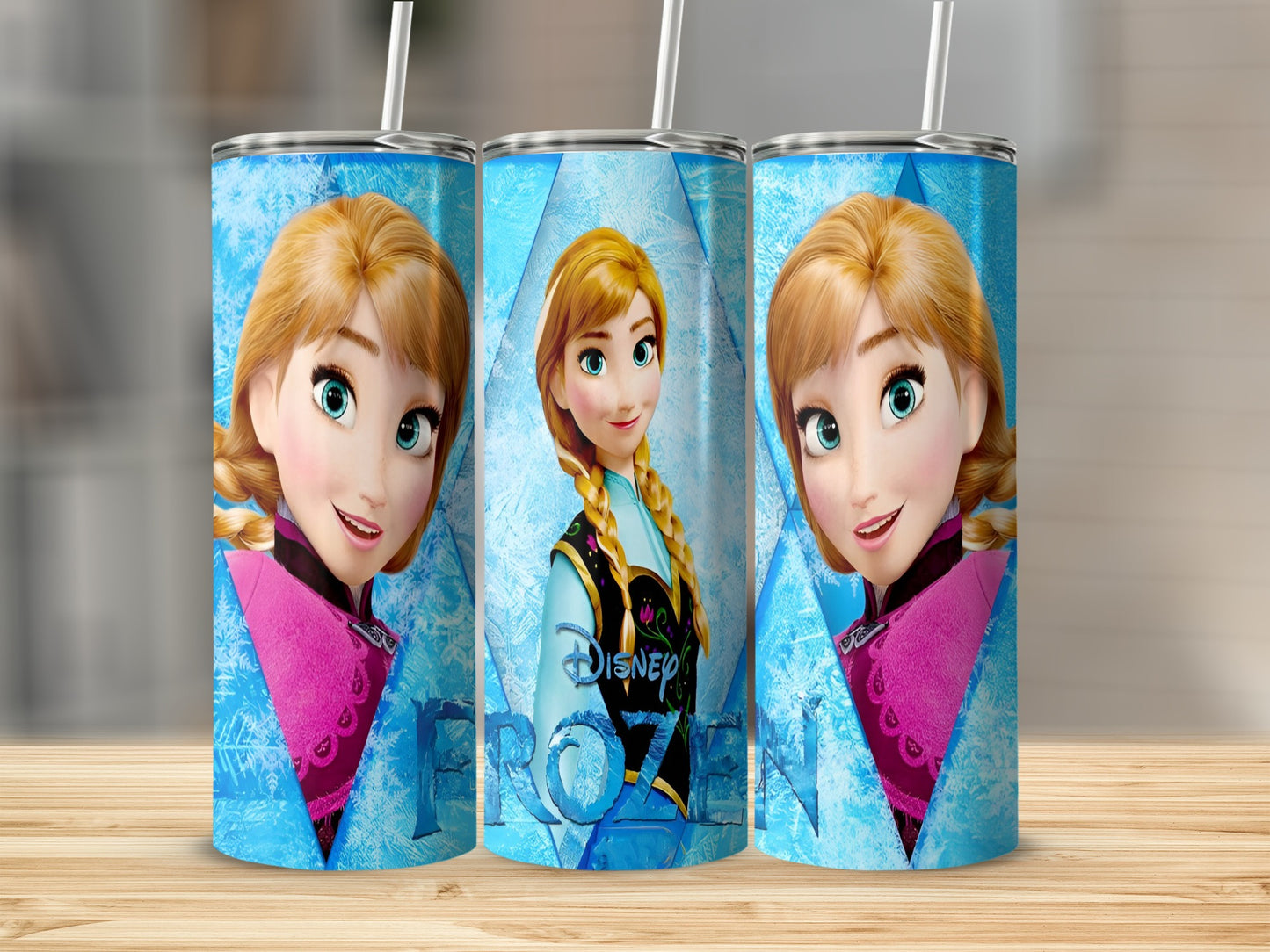 Triptych of Frozen-themed tumblers featuring Anna and the Disney Frozen logo.