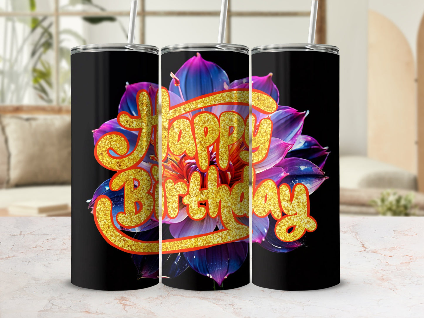 Black tumbler with "Happy Birthday" in glittery gold over a purple and blue flower.