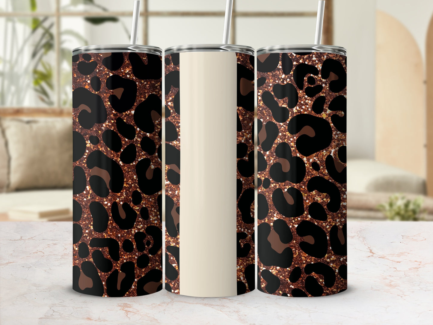 Leopard print tumbler with glitter accents and a neutral band.