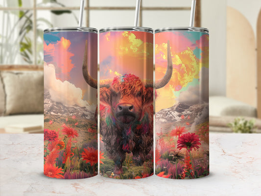Highland cow with colorful splatters and floral background on tumblers.