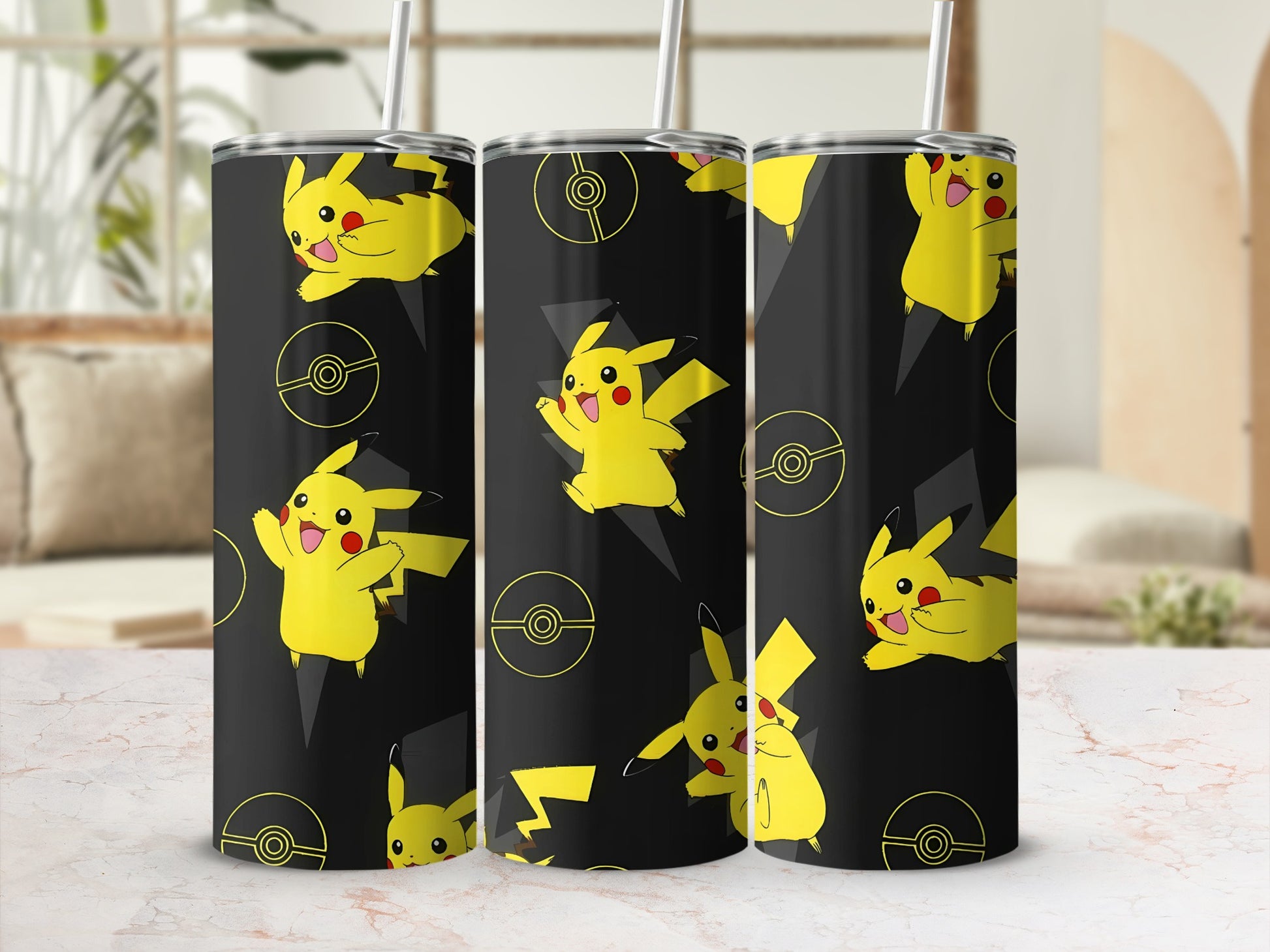 Yellow Cartoon Character Pattern on Black Tumbler