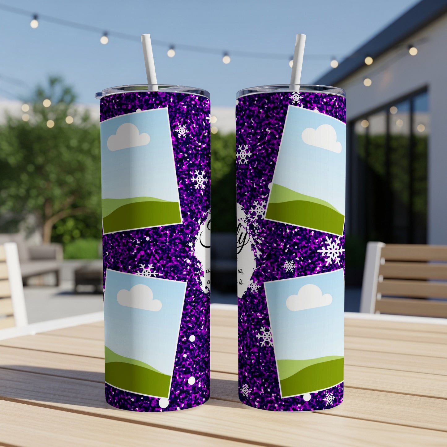 Purple glitter tumblers with photo placeholders and snowflakes.