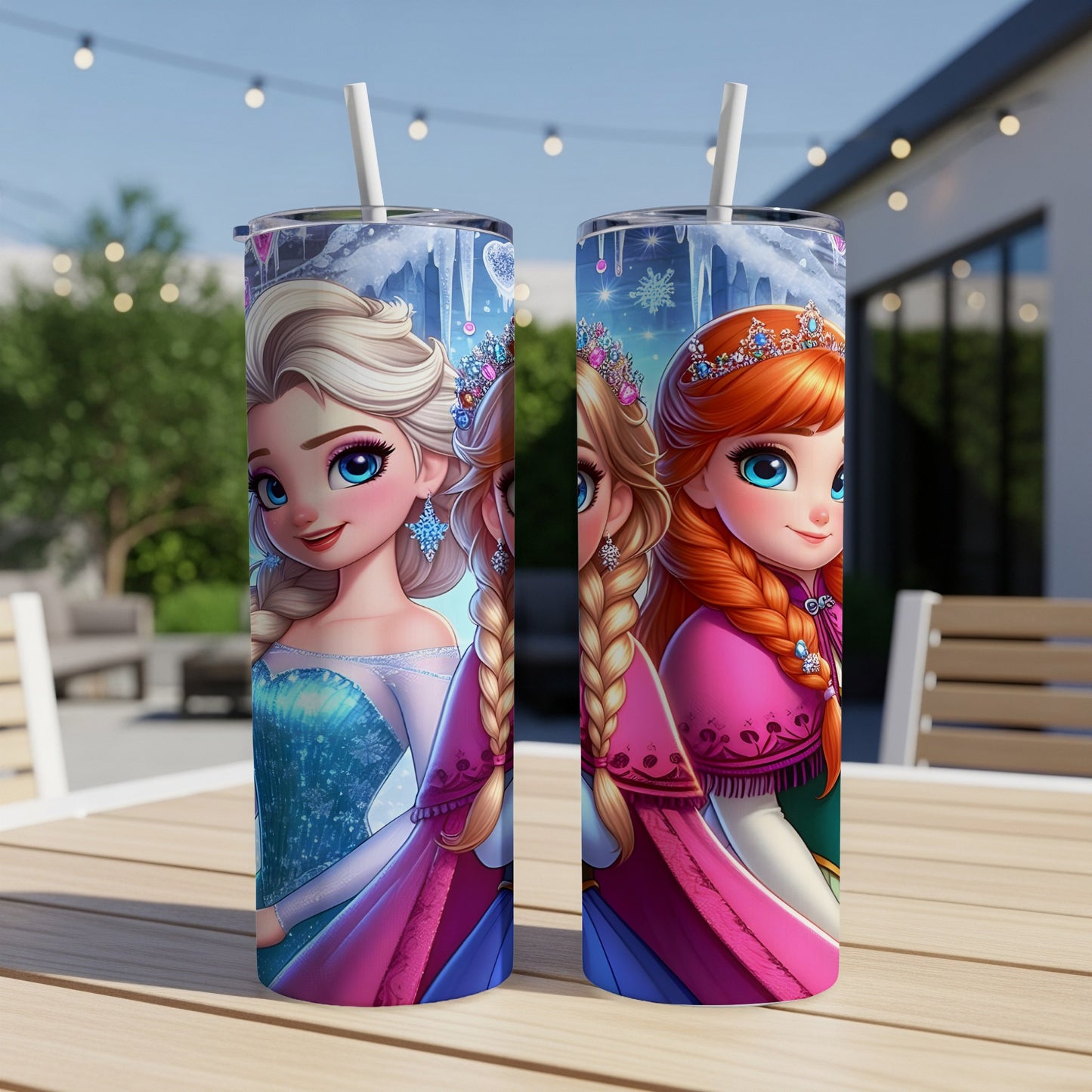 Two Disney Frozen tumblers featuring Elsa and Anna characters.