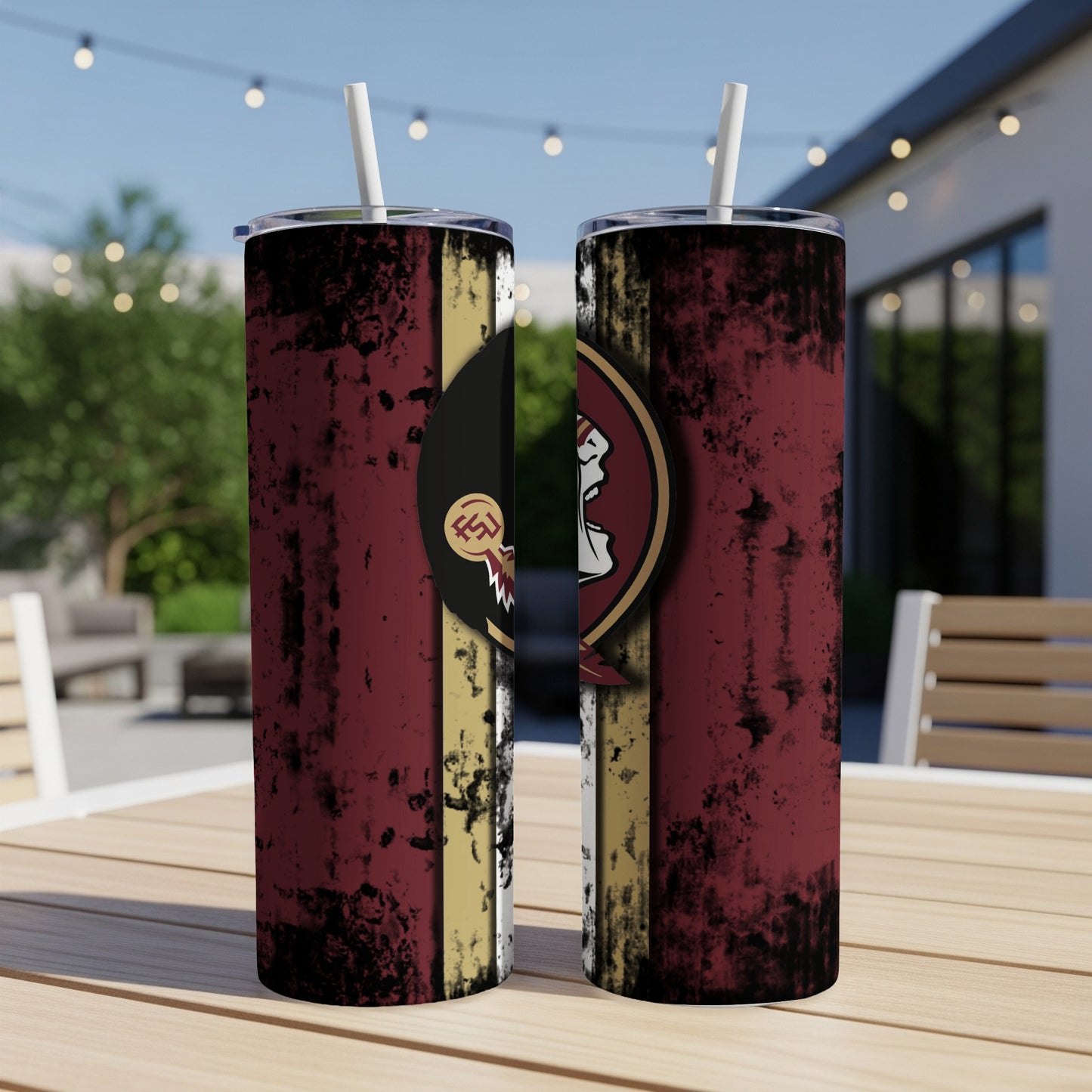 Two tumblers with Florida State Seminoles logos and distressed maroon and gold stripes.