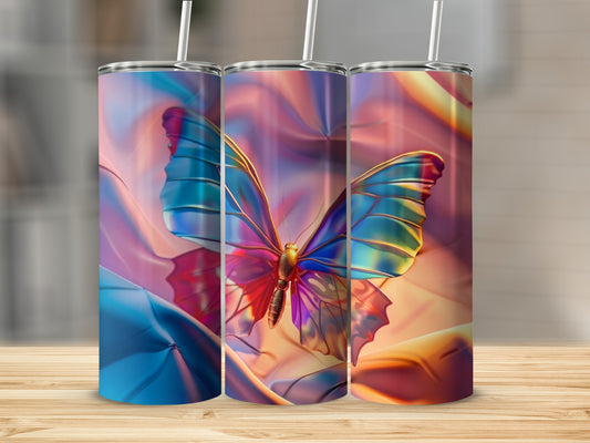Iridescent butterfly on colorful, abstract background, displayed on three tumblers.