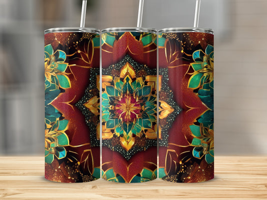 Three tumblers with a colorful mandala design on a wooden surface.