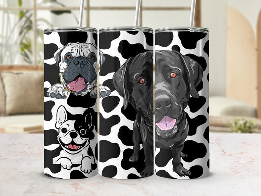 Adorable Dog Faces on Black and White Cow Prints tumbler