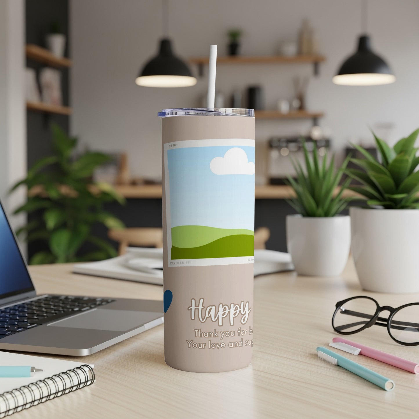 Tan tumbler with "Happy Thank you for b Your love and sup" text and photo frame.