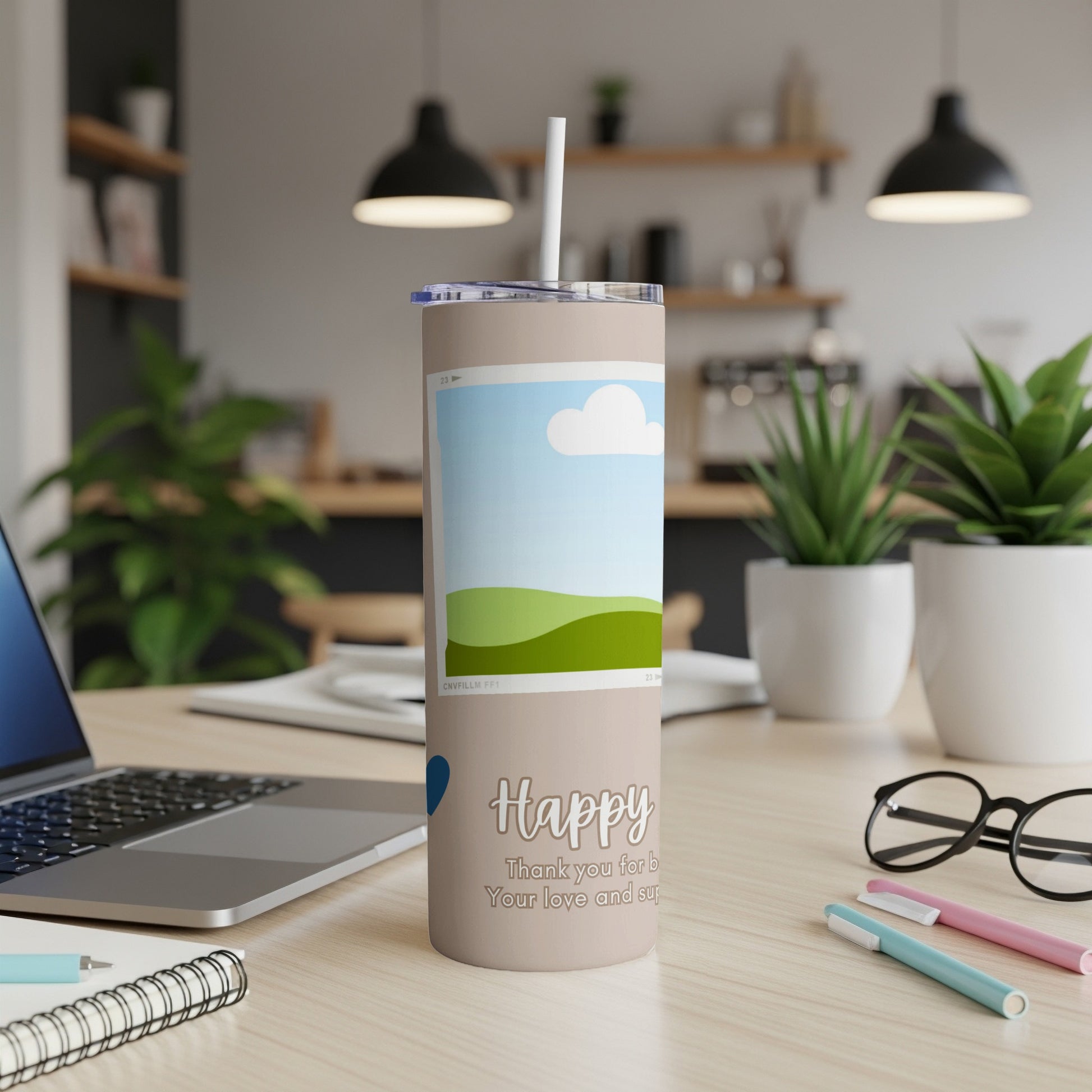 Tan tumbler with "Happy Thank you for b Your love and sup" text and photo frame.