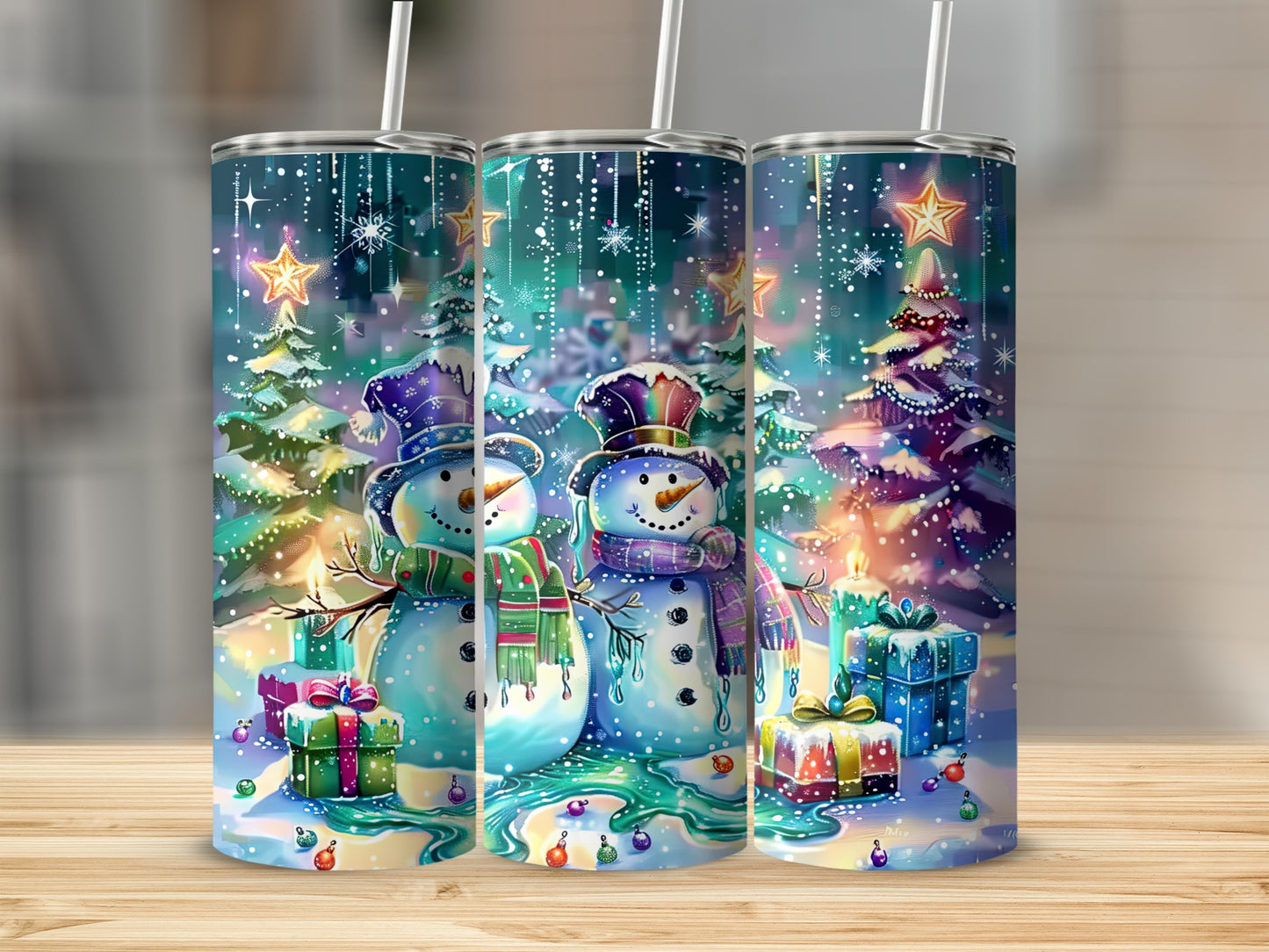 Festive Snowman and Christmas Tree Scene Tumblers