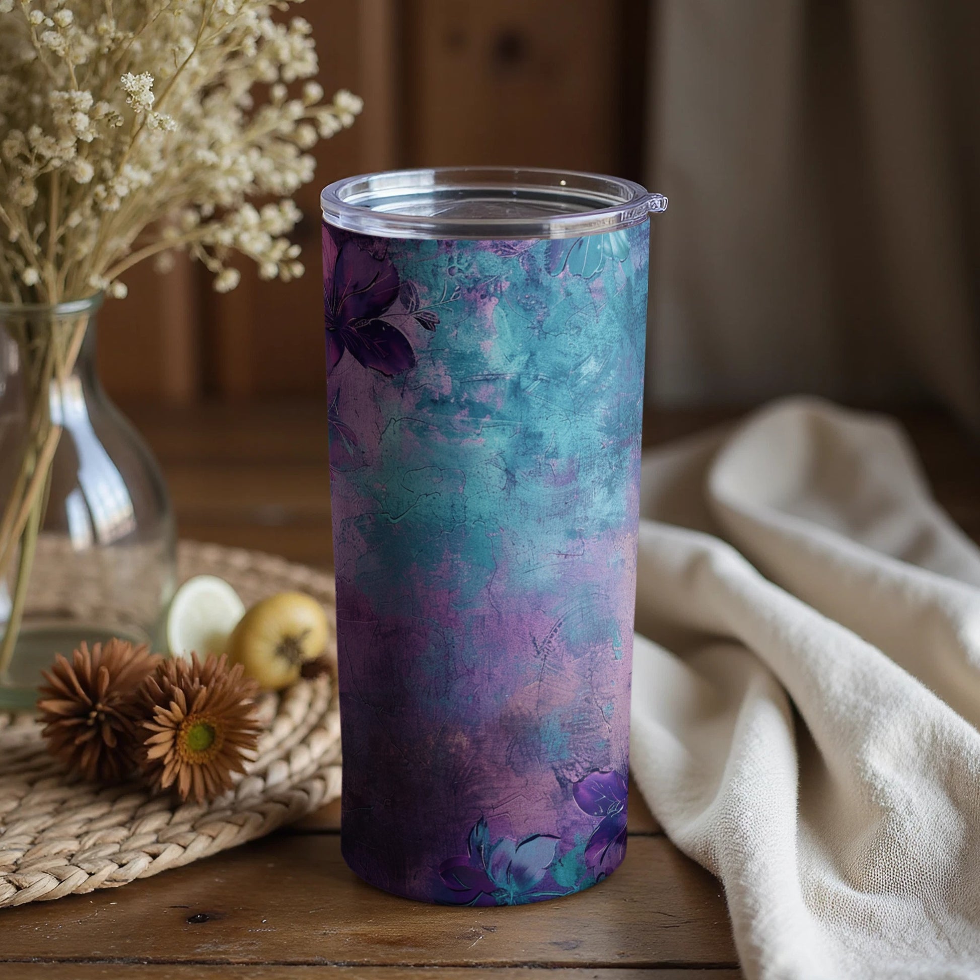 Abstract Purple and Teal Floral Pattern Tumbler