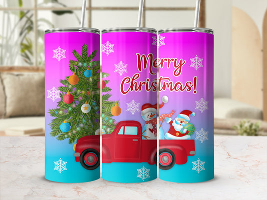 Christmas tumbler with red truck, Santa, snowman, and tree.
