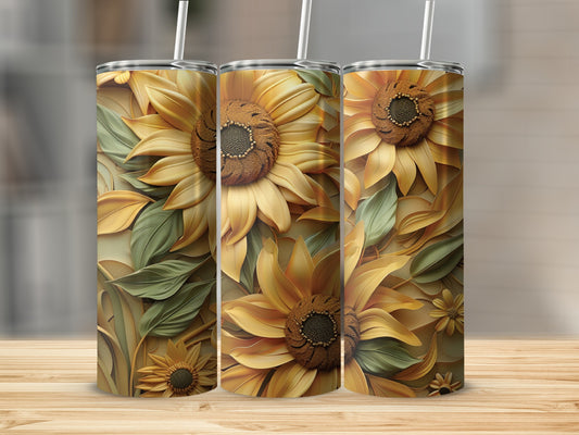Three tumblers featuring detailed sunflowers and green leaves on a wooden surface.