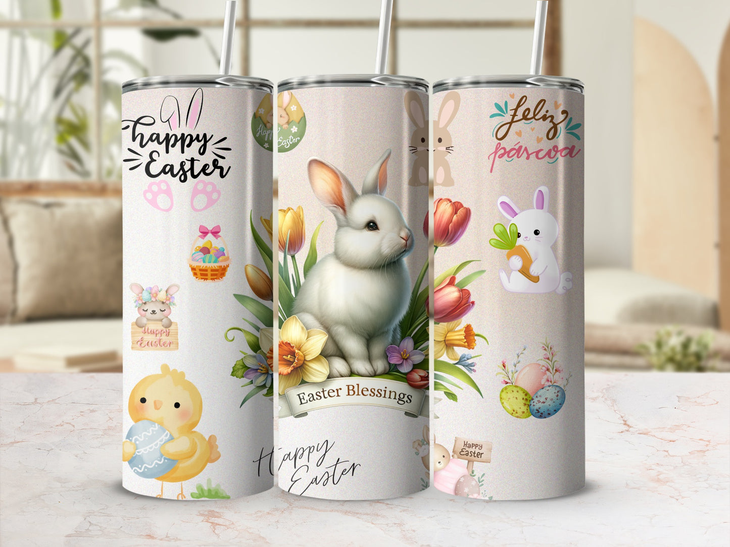 Happy Easter and Feliz Pascoa Decorations Easter Tumbler