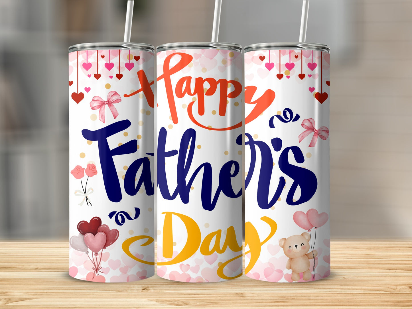 Happy Father's Day Tumbler with Heart Balloons Design