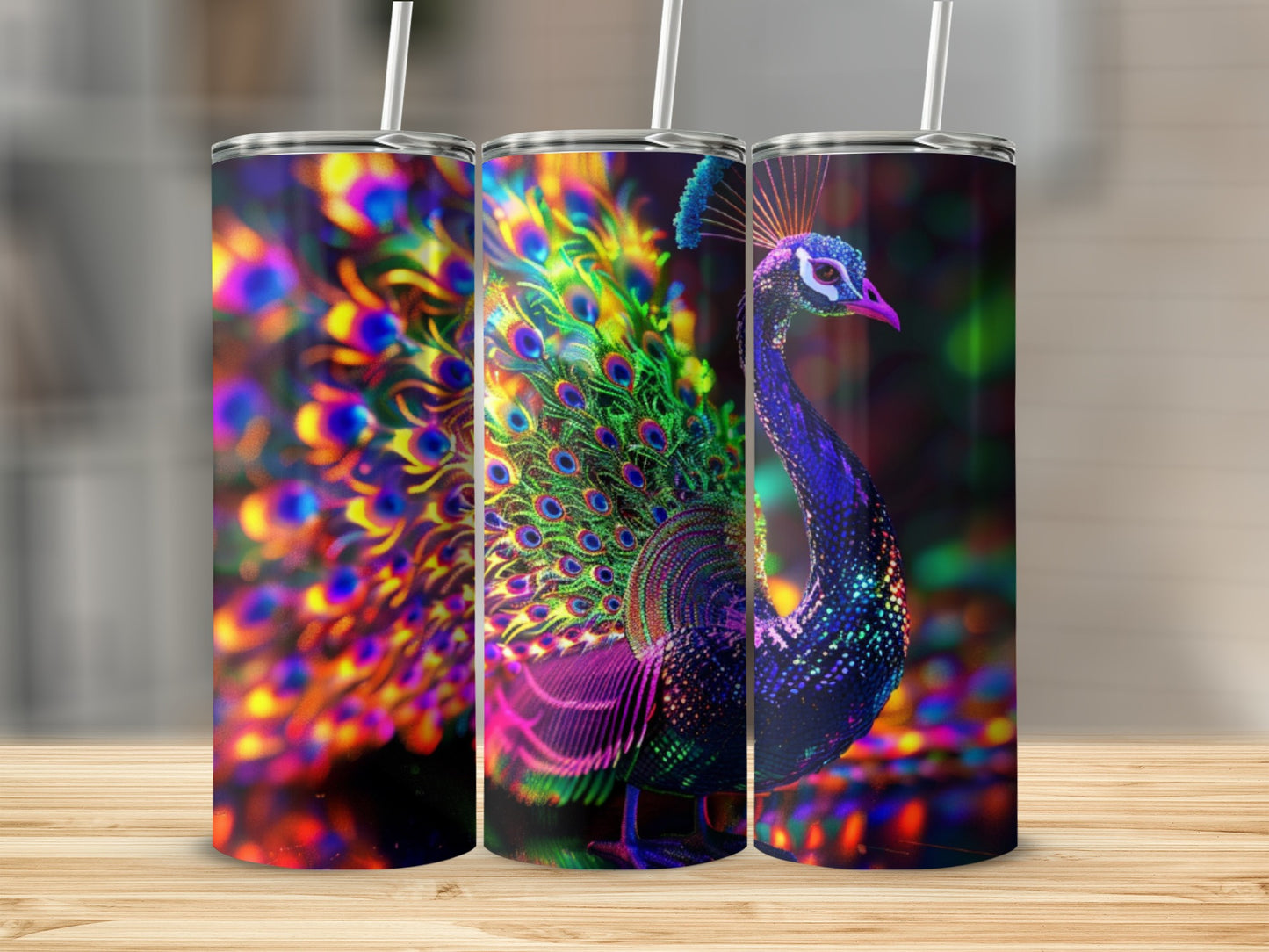 Three tumblers featuring a vibrant, colorful peacock design.