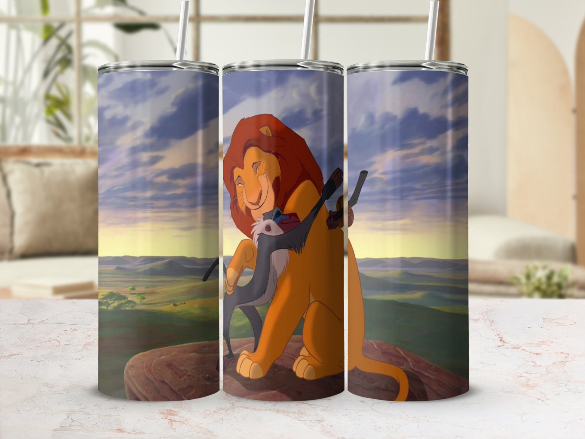 Simba hugs Rafiki on Pride Rock with savanna background.