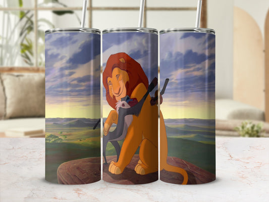 Simba hugs Rafiki on Pride Rock with savanna background.
