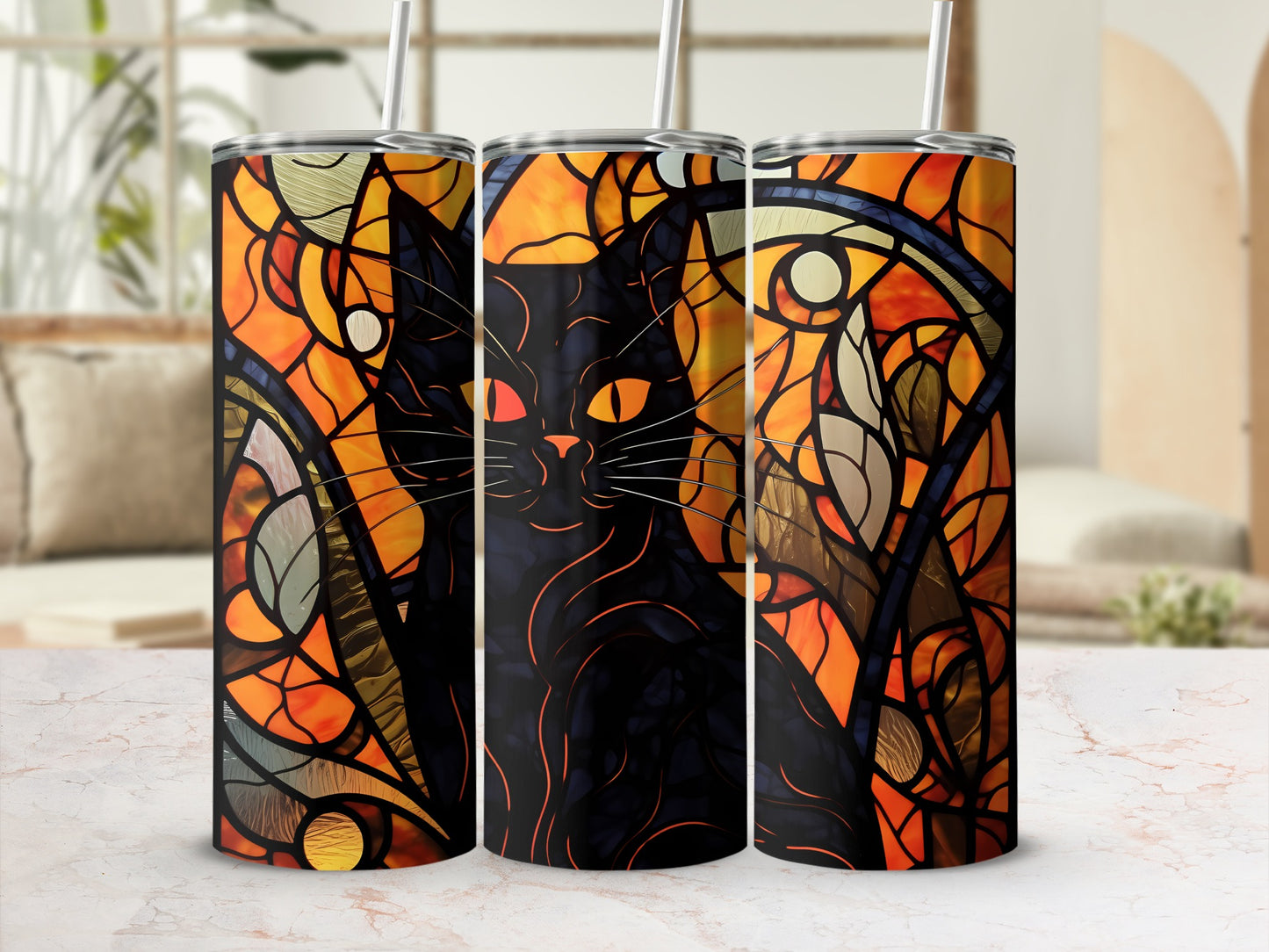 Black cat with stained glass pattern on a tumbler cup.