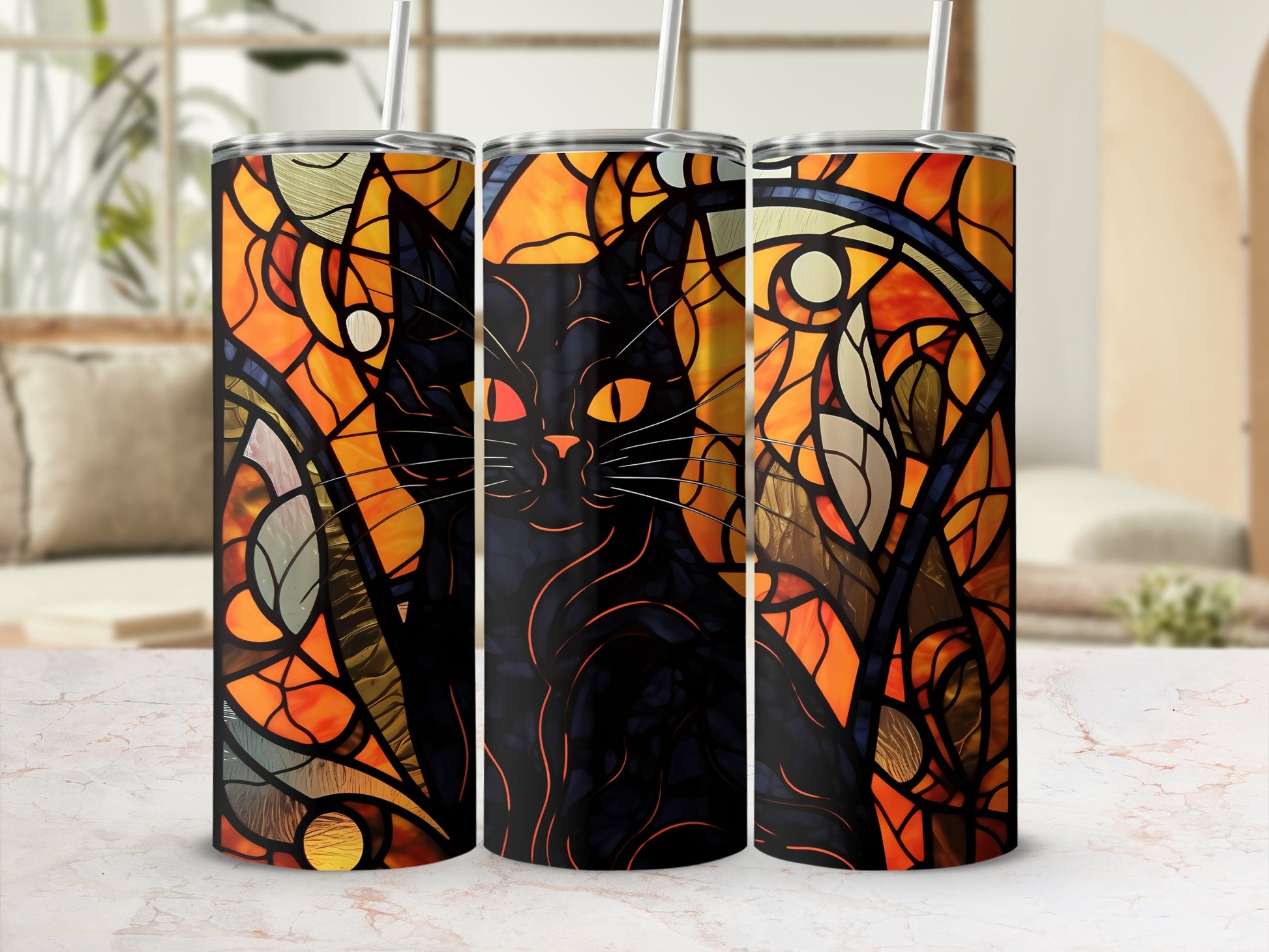Black cat with stained glass pattern on a tumbler cup.