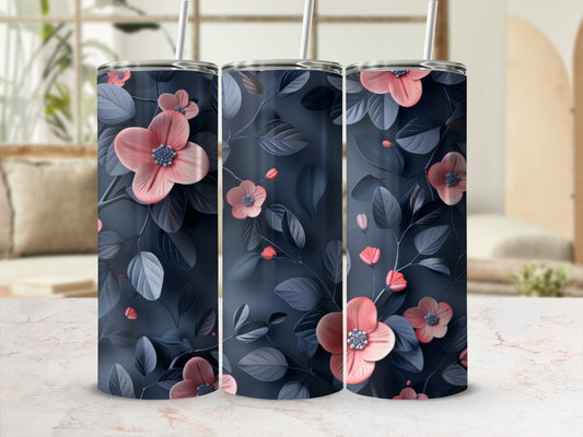 Three tumblers with a dark floral pattern and pink blossoms.