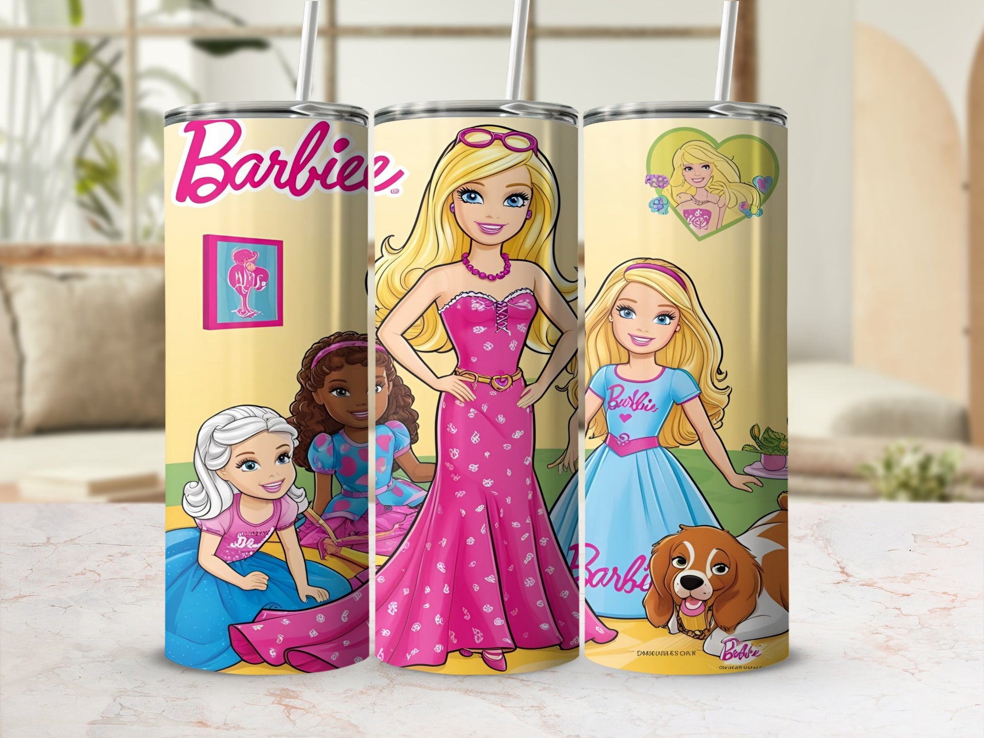Barbie characters on a tumbler with a yellow background and pink accents.