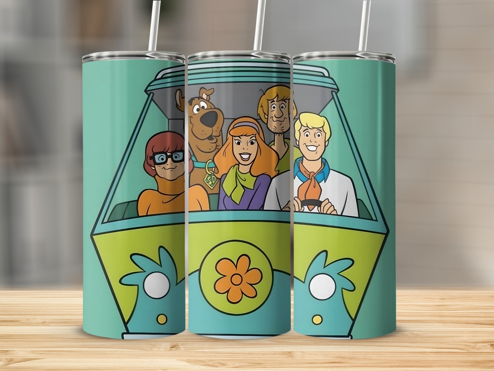Scooby-Doo characters in the Mystery Machine vehicle.