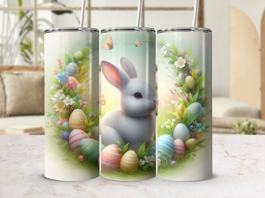 Easter bunny with colorful eggs and flowers on a tumbler.