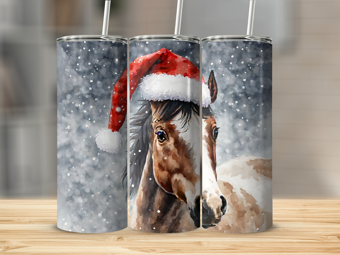 Horse wearing a Santa hat in falling snow.