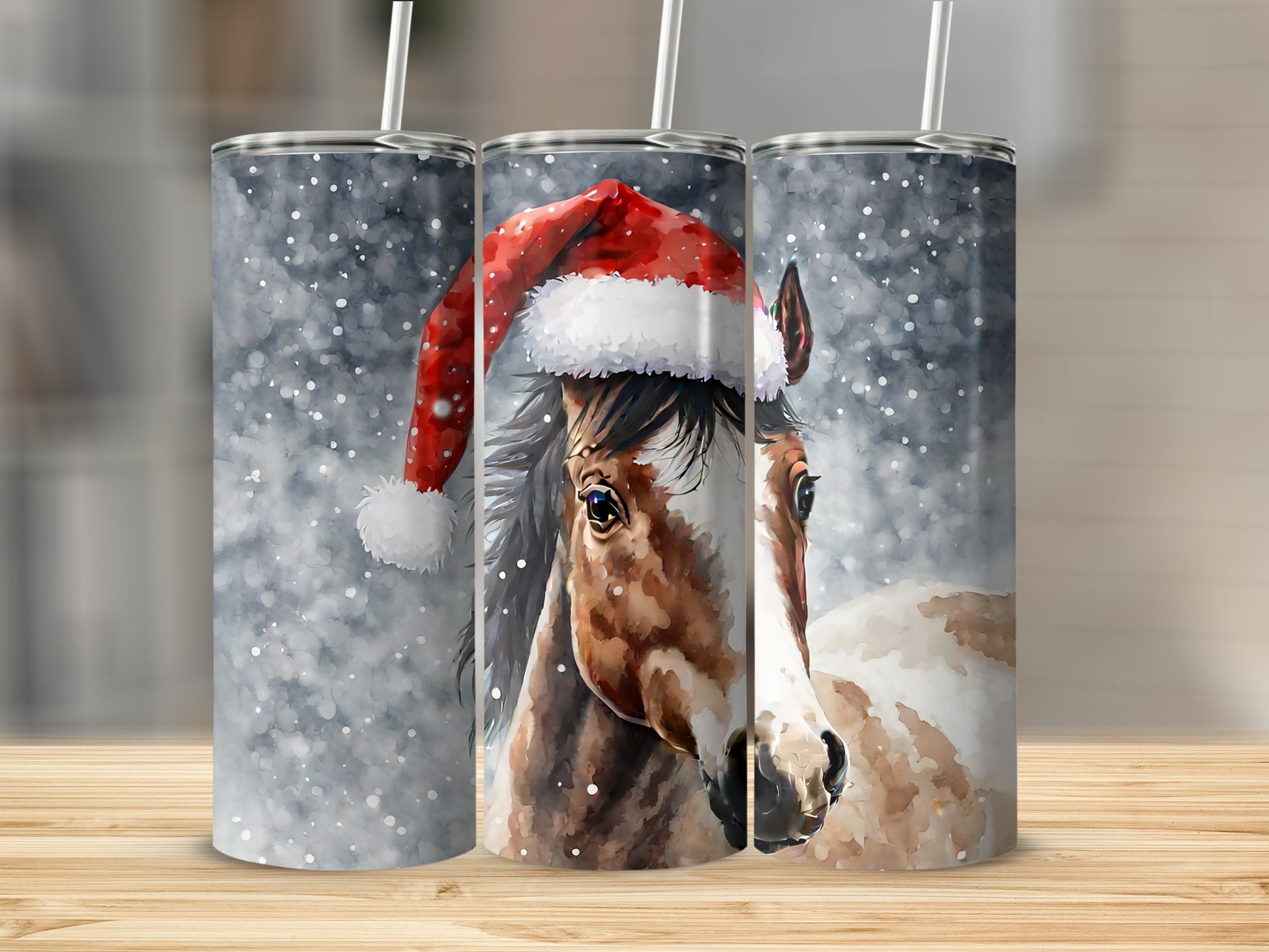 Horse wearing a Santa hat in falling snow.