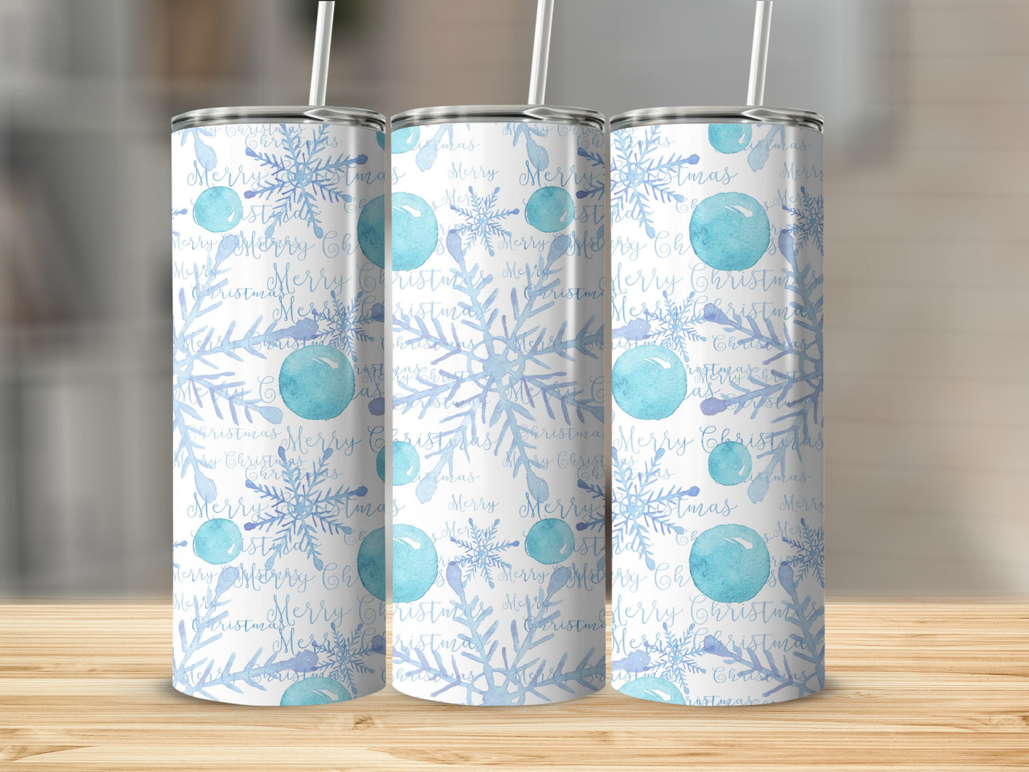 Blue snowflakes and watercolor bubbles on a white tumbler with "Merry Christmas" text.