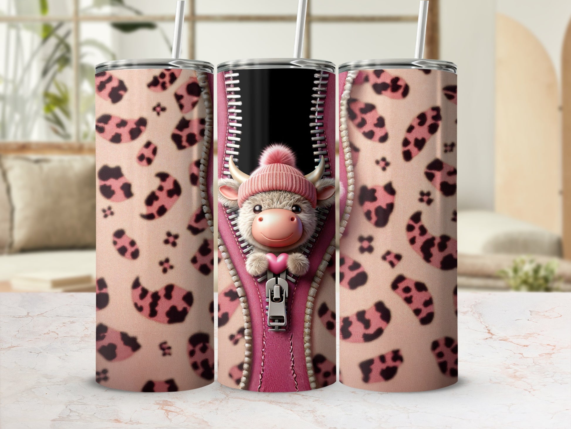 Leopard print tumbler with a cartoon cow wearing a pink hat and scarf.