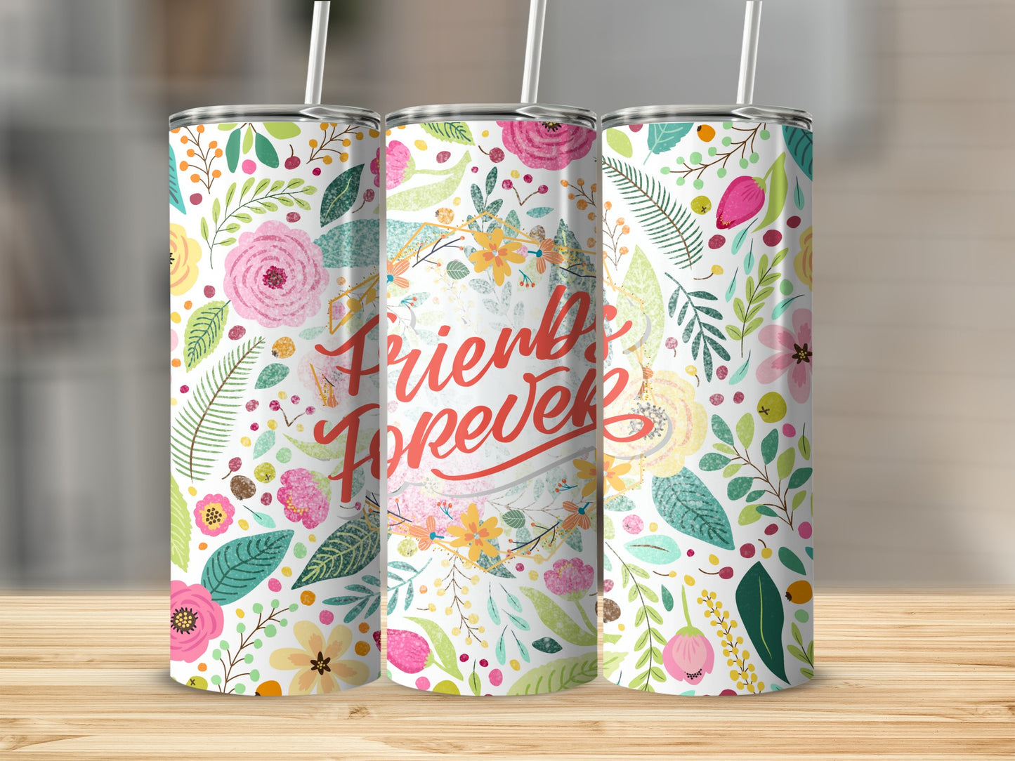 Colorful Floral Pattern Friends Forever Tumbler