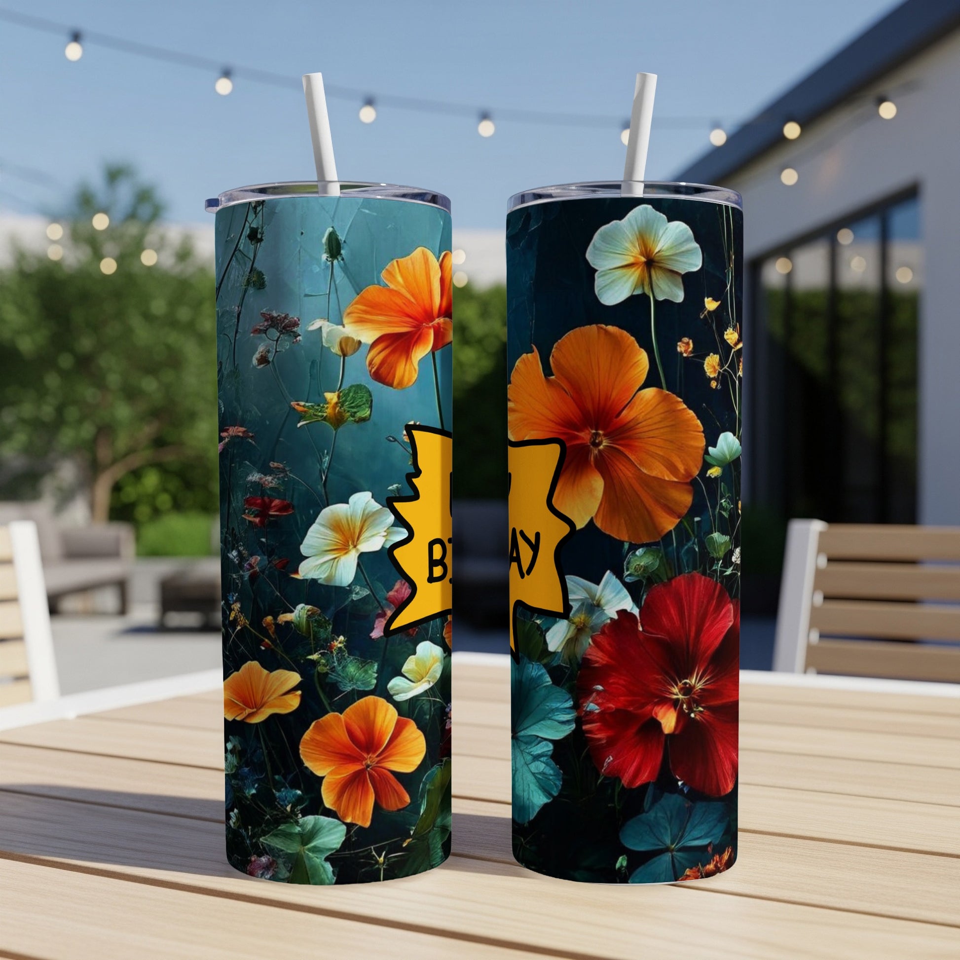 Two tumblers with colorful floral designs and "Birthday" text.